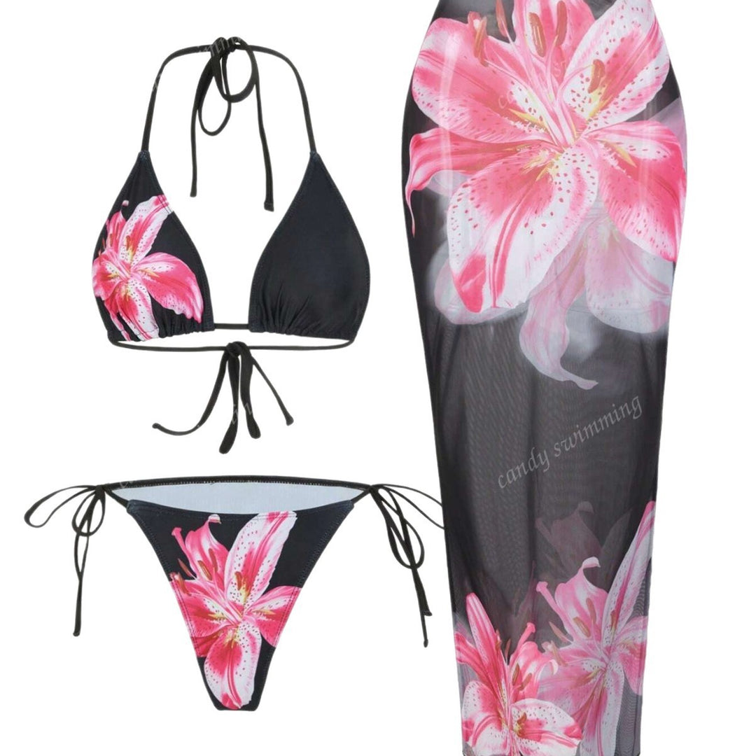 Women's triangle bikini set with floral patterns and transparent maxi skirt Mune Fashion