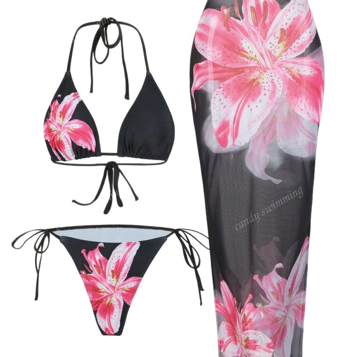 Women's triangle bikini set with floral patterns and transparent maxi skirt Mune Fashion