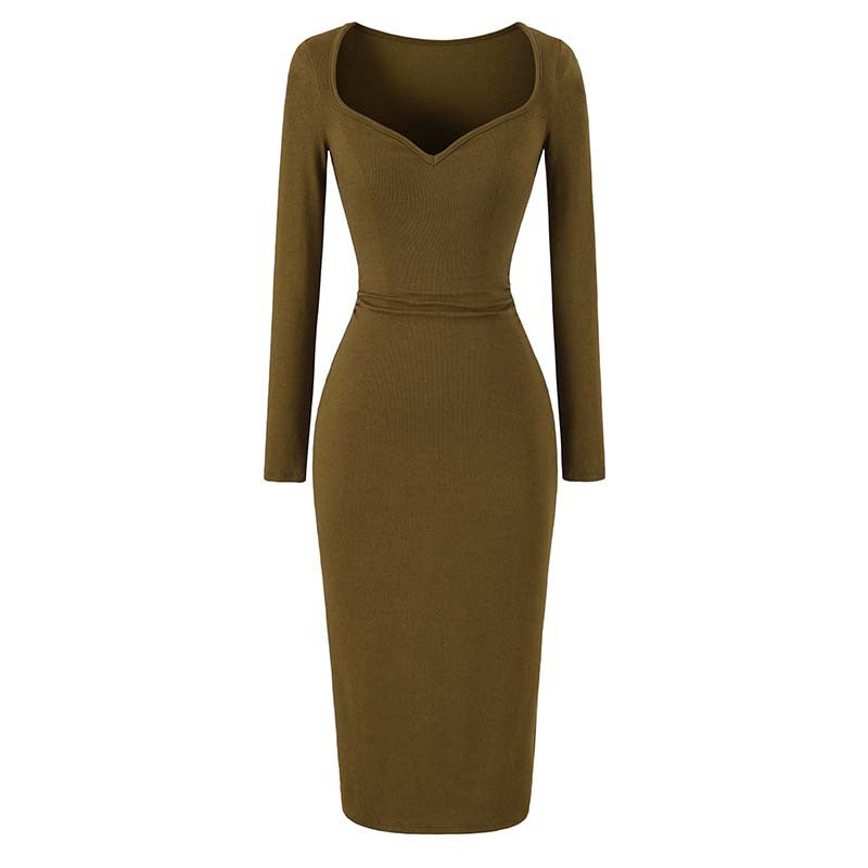 Ladies fitted midi dress with heart-shaped neckline and long sleeves Mune Fashion