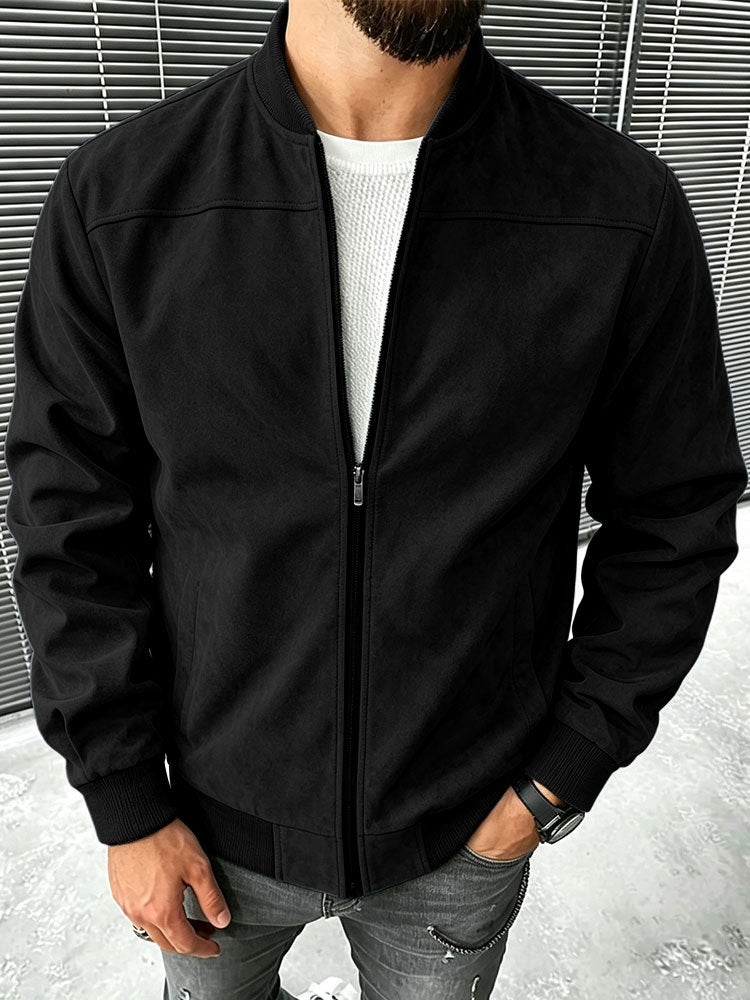 Men's Suede-Like Bomber Jacket with Zipper and Ribbed Cuffs Mune Fashion