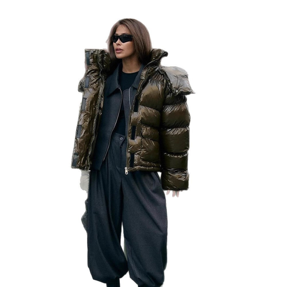 Women's padded short jacket with high-gloss finish, oversized cut, and hood Mune Fashion