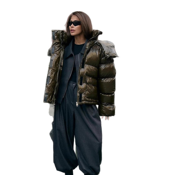 Women's padded short jacket with high-gloss finish, oversized cut, and hood Mune Fashion
