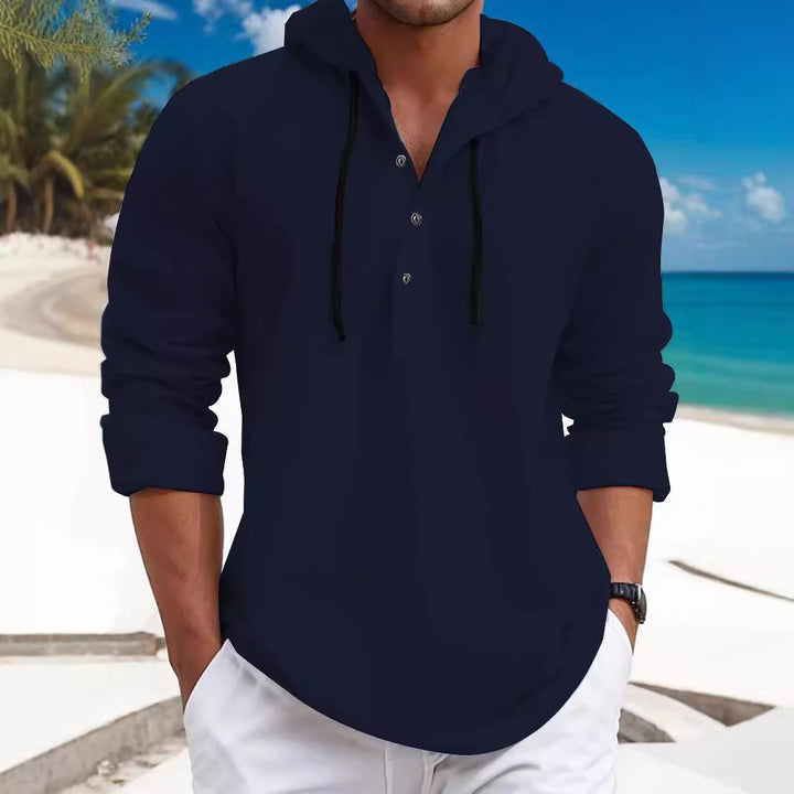 Men's summer hoodie henley with hidden button placket, drawstring and rounded hem Mune Fashion
