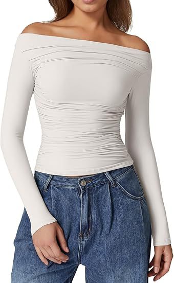Women's Off-Shoulder Tailored Stretch Long Sleeve with Gathering and Figure-Hugging Silhouette Mune Fashion