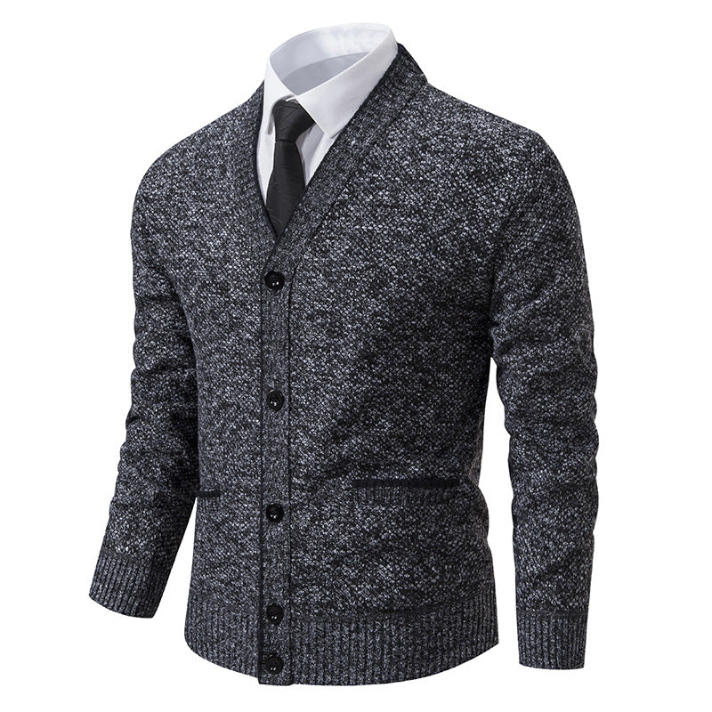 Men's knitted cardigan with melange structure, V-neck, contrast edges, and patch pockets Mune Fashion