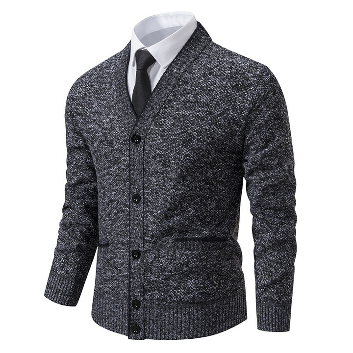 Men's knitted cardigan with melange structure, V-neck, contrast edges, and patch pockets Mune Fashion