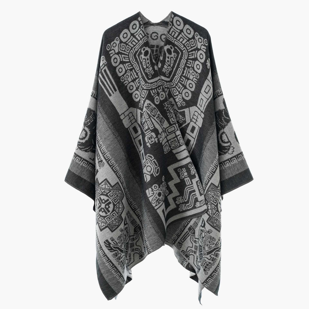 Women's Oversize Jacquard Wrap Cape with Geometric Aztec Pattern Mune Fashion