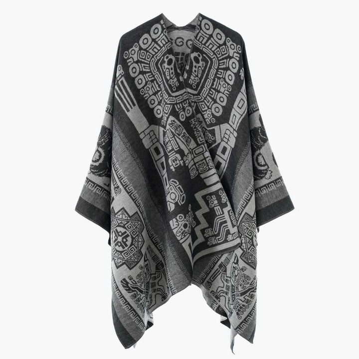 Women's Oversize Jacquard Wrap Cape with Geometric Aztec Pattern Mune Fashion
