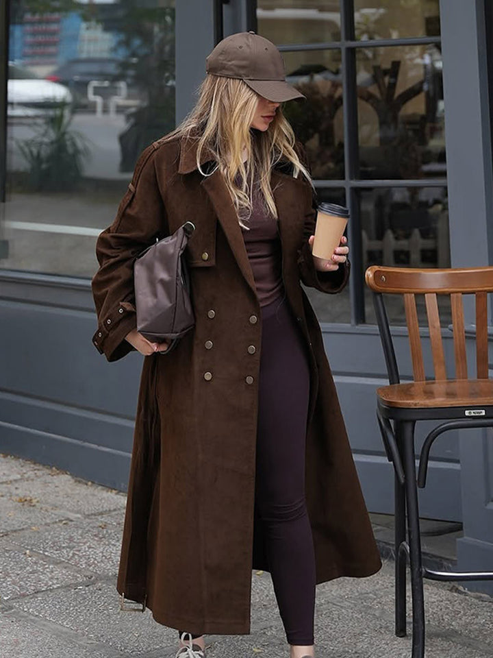 Women's Maxi Length Trench Coat in Velour Look with Double-Breasted Button Placket and Oversized Cut Mune Fashion