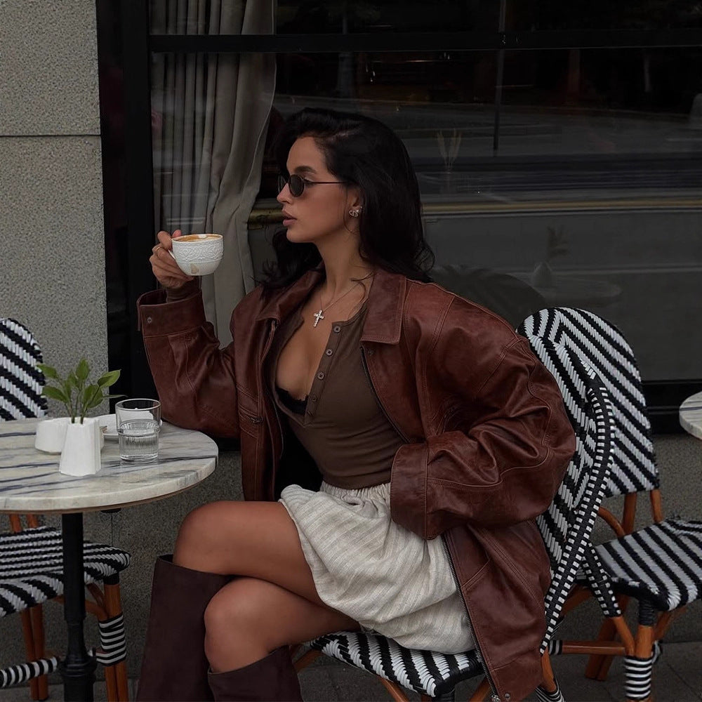 Women's Oversized Faux Leather Jacket in Biker Style with Shirt Collar and Zipper Mune Fashion