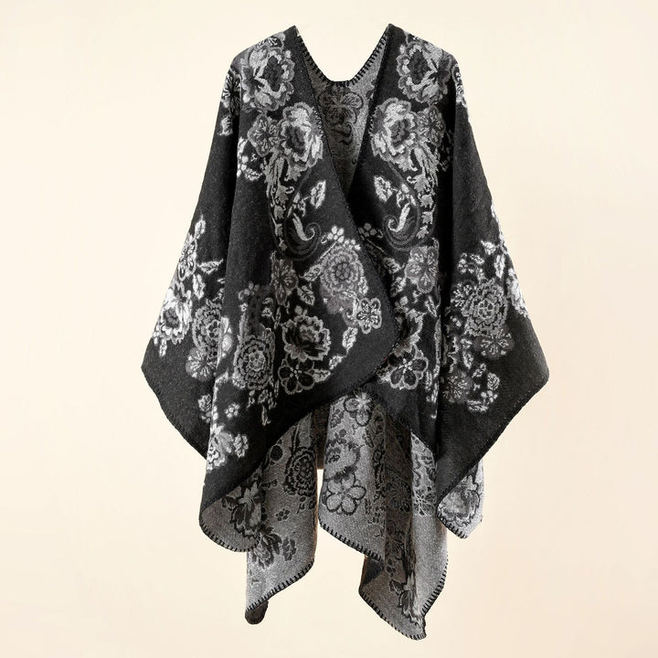 Women's Reversible Knit Cloak with Floral Jacquard Weave and Decorative Chain Stitching