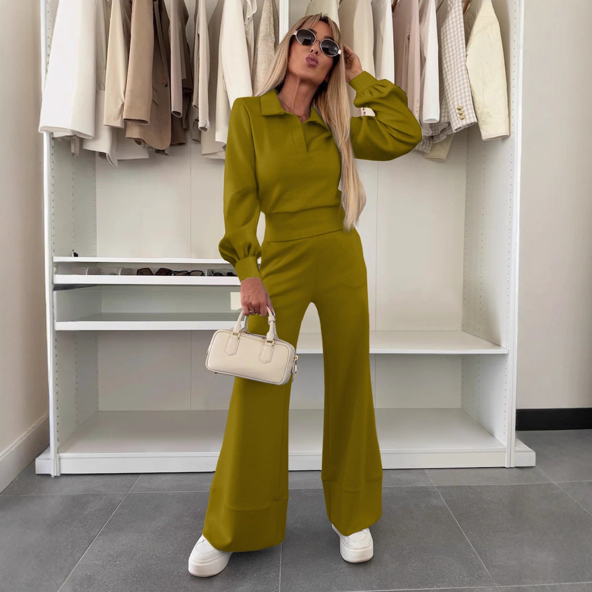 Women's Two Piece Lounge Set with Polo Collar and High Waist Palazzo Pants Mune Fashion