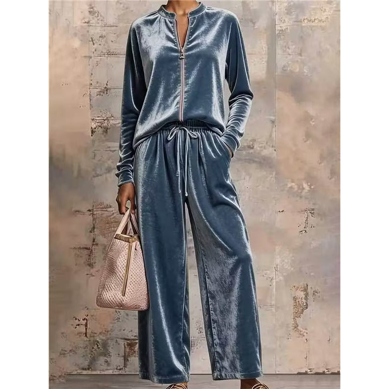 Women's Velvet Lounge Set with Stand Collar, Half Zipper and Wide Palazzo Pants Mune Fashion
