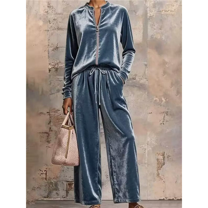 Women's Velvet Lounge Set with Stand Collar, Half Zipper and Wide Palazzo Pants Mune Fashion