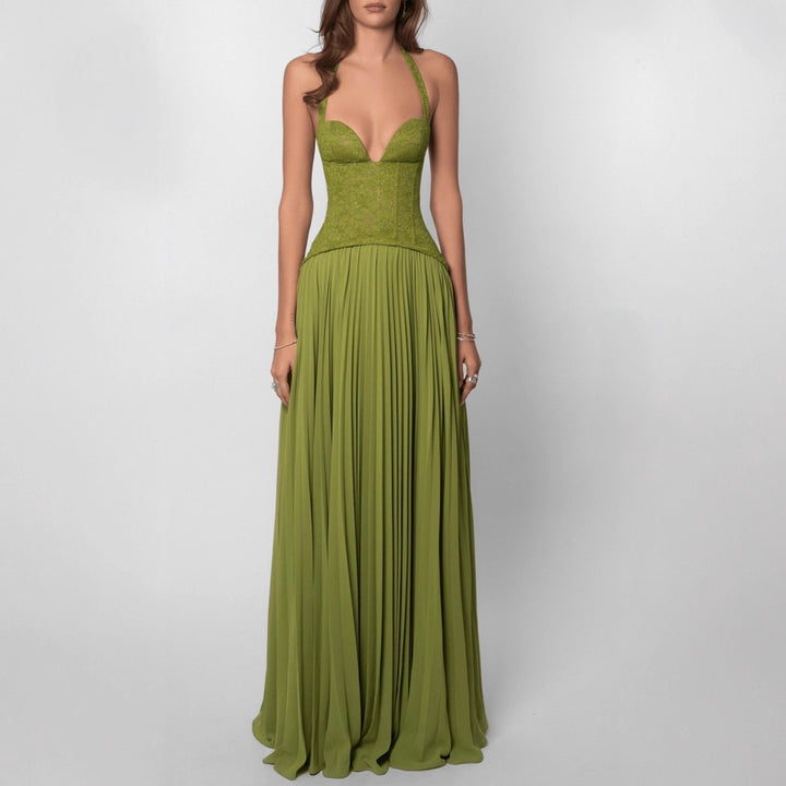 Ladies nan halter neck corset dress with lace corset and flowing pleated skirt Mune Fashion