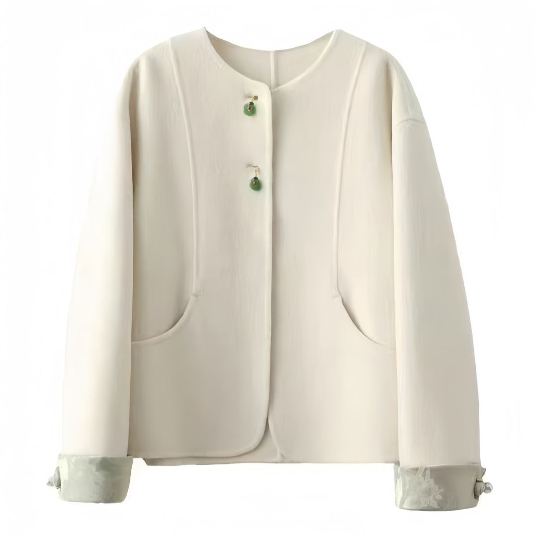 Women's Boxy Wool Jacket with Embroidered Cuffs and Stand-Up Collar Mune Fashion