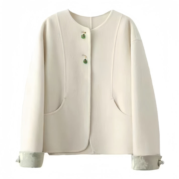 Women's Boxy Wool Jacket with Embroidered Cuffs and Stand-Up Collar Mune Fashion