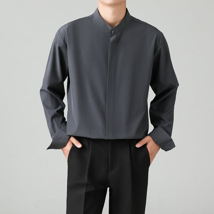 Men's Loose Stand Collar Shirt with Concealed Button Placket Mune Fashion