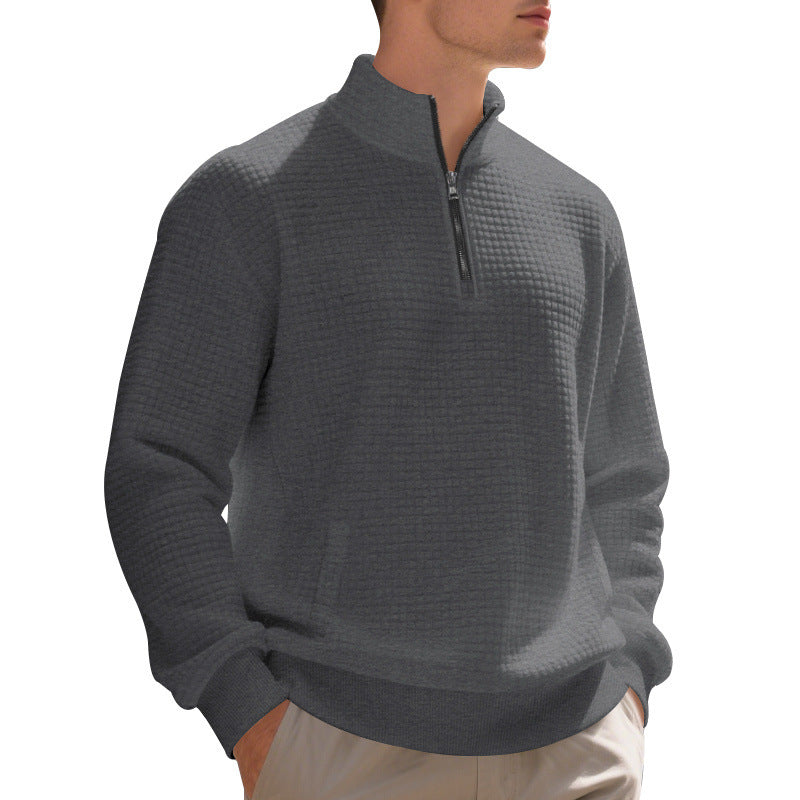 Men's waffle knit half-zip pullover with stand-up collar, kangaroo pocket & ribbed finishes Mune Fashion