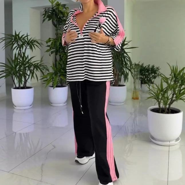 Women's casual two-piece polo lounge set with oversized stripes, pompom application, and contrasting side panels Mune Fashion