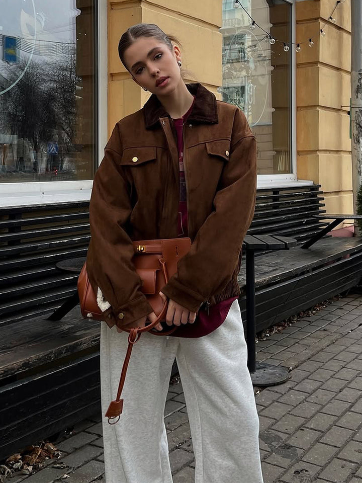 Women's Boxy Suede Blouson Jacket with Cord Collar and Teddy Lining Mune Fashion