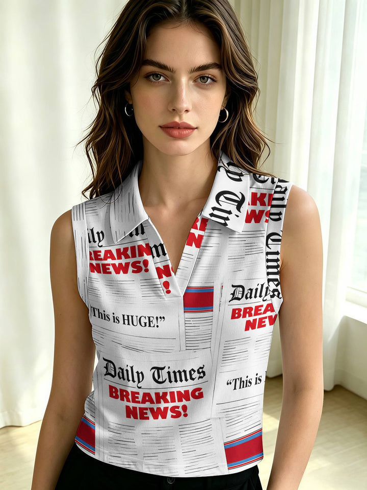 Women's sleeveless polo shirt crop top with V-neck, classic collar, and patriotic print Mune Fashion
