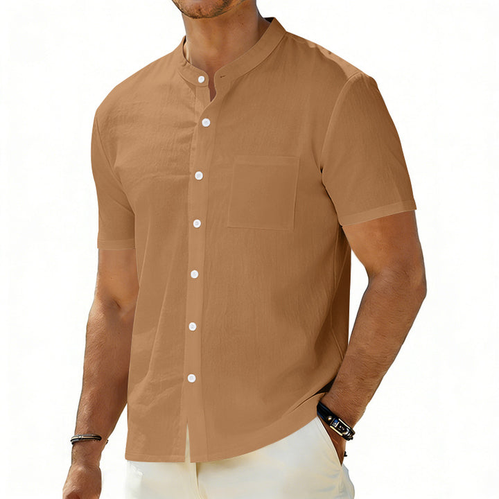 Men's short-sleeved linen shirt with stand-up collar and chest pocket Mune Fashion