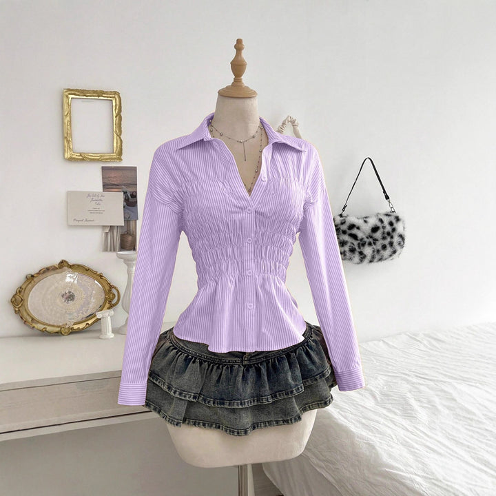 Women's tailored shirt blouse with gathered bust area and peplum Mune Fashion