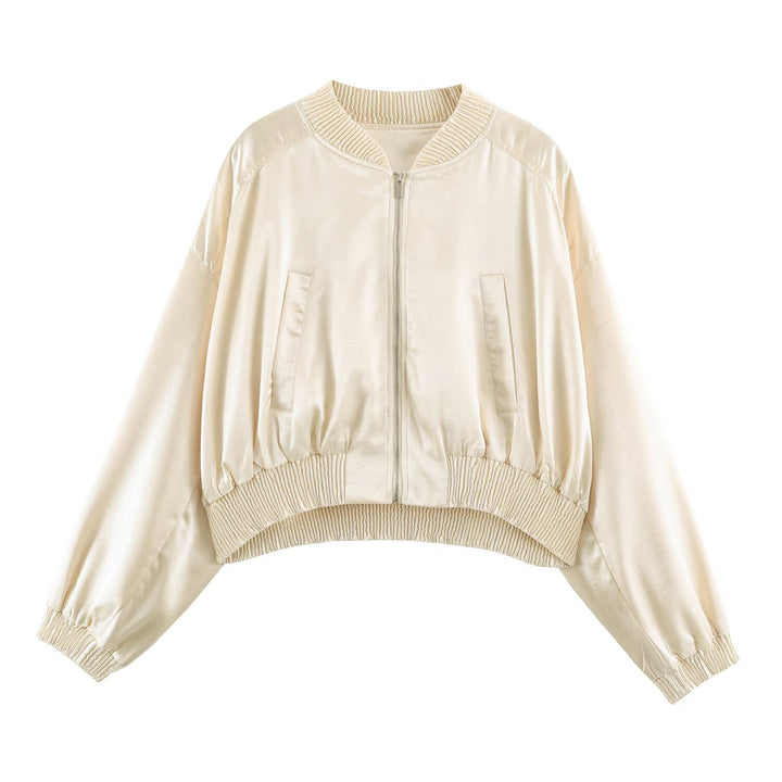 Ladies Silky Cropped Bomber with Gathered Hem, Raglan Sleeves and Insert Pockets Mune Fashion