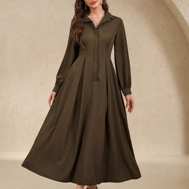 Ladies long shirt dress with waist belt, concealed button placket and balloon sleeves Mune Fashion
