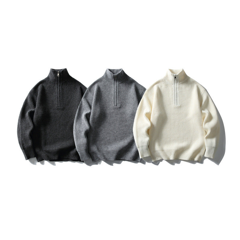 Unisex Structured Half-Zip Knit Sweater with High Stand-Up Collar and Ribbed Rib Knit Mune Fashion