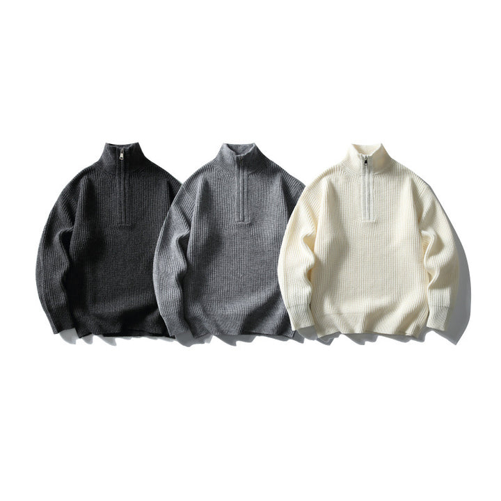 Unisex Structured Half-Zip Knit Sweater with High Stand-Up Collar and Ribbed Rib Knit Mune Fashion