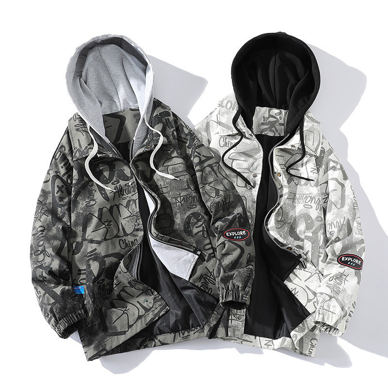 Men's Graffiti Print Hooded Parka with Zip-In Fleece Inner Layer Mune Fashion