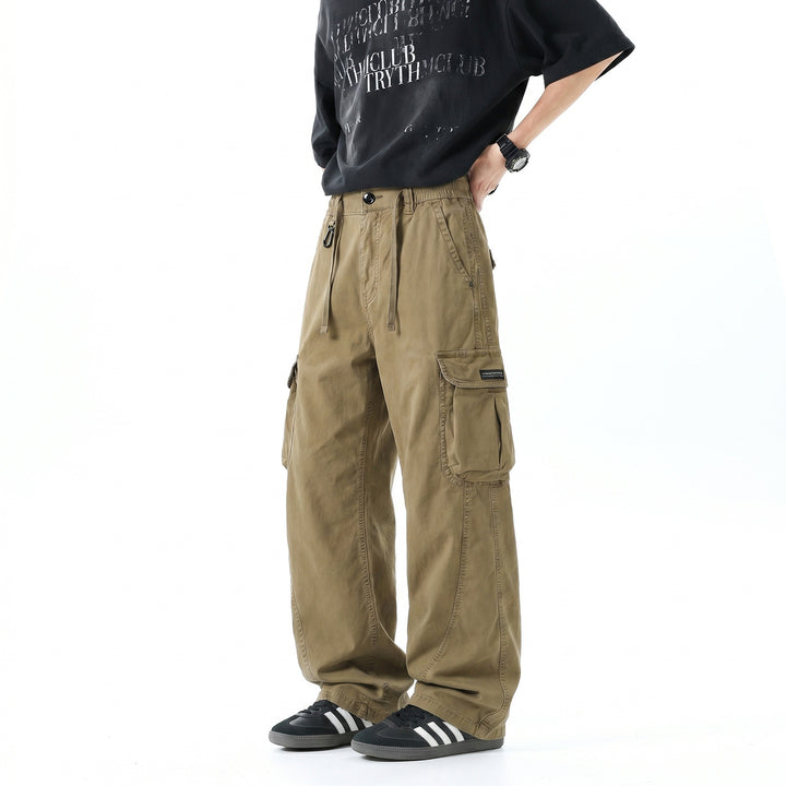 Men's Loose Utility Cargo Pants with Drawstring Waistband, Segment Seams and Large Flap Pockets Drune