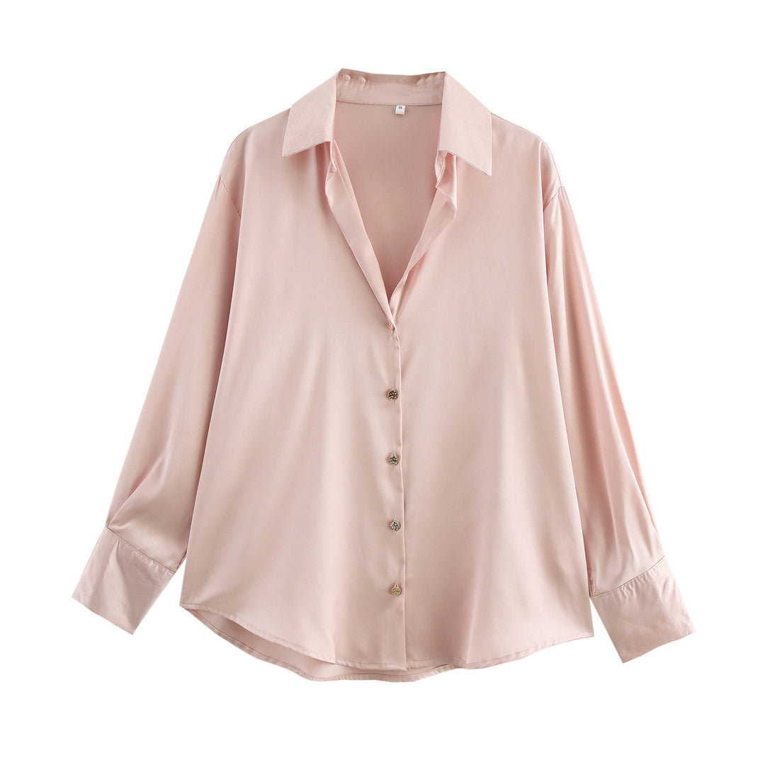 Women's oversized satin blouse with shirt collar, extended cuffs and rounded hem Mune Fashion