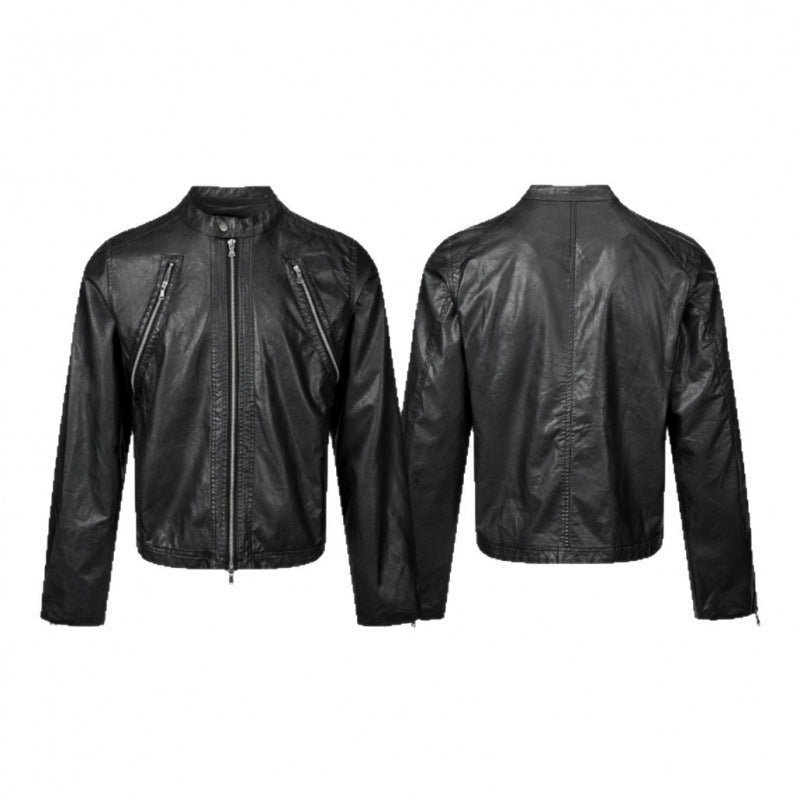 Men's leather jacket in biker style with stand-up collar and diagonal zipper pockets Mune Fashion