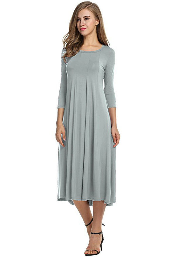 Women's Long A-Line Midi Dress made of Stretch Jersey with Three-Quarter Sleeves and Side Pockets Mune Fashion