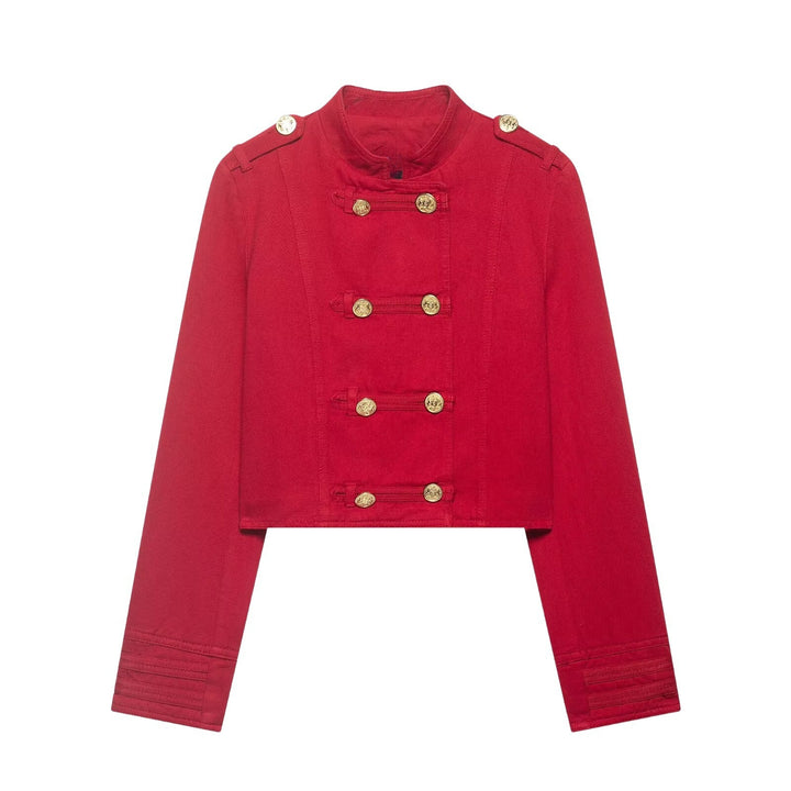 Women Short Military Jacket in Cropped Cut with Stand-up Collar and Golden Decorative Buttons Mune Fashion