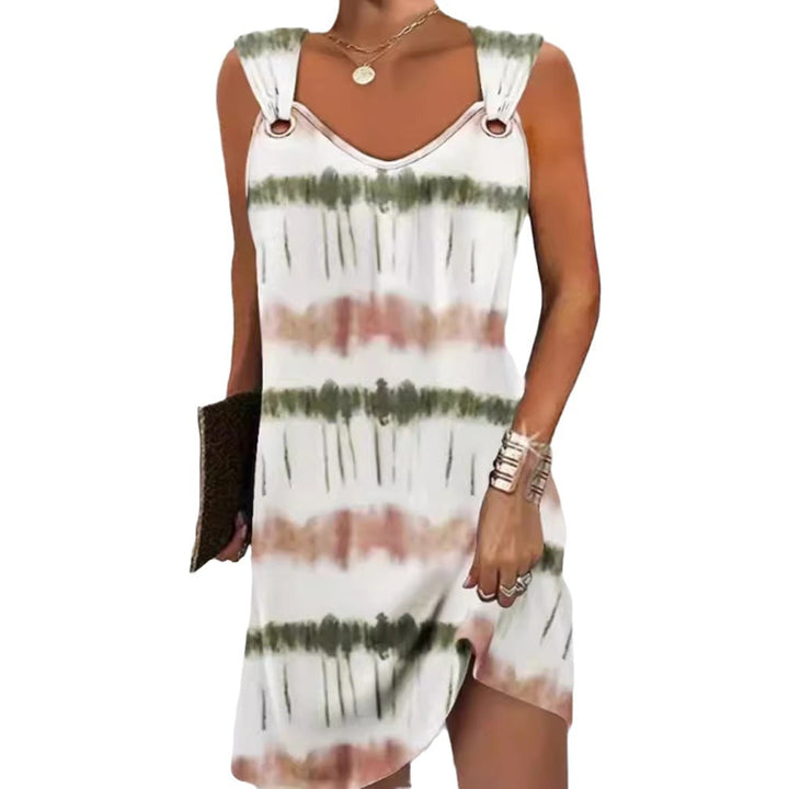Women's sleeveless V-neck summer dress with decorative metal eyelets on wide straps and casual A-line silhouette Mune Fashion
