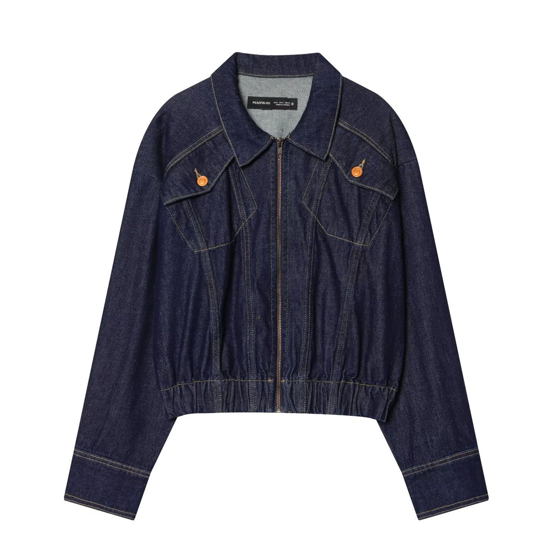Women's Short Denim Jacket with Zipper, Tailored Drawstring and Western Details Mune Fashion