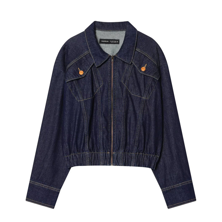 Women's Short Denim Jacket with Zipper, Tailored Drawstring and Western Details Mune Fashion