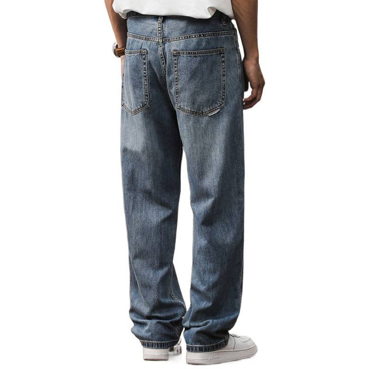 Men's Loose Straight-Leg Denim Jeans with Light Used Wash and Low Crotch Mune Fashion