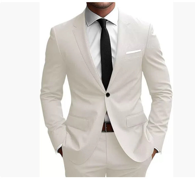 Men's fitted one-button suit set with notched lapels, French flap pockets, and slight stretch content Mune Fashion