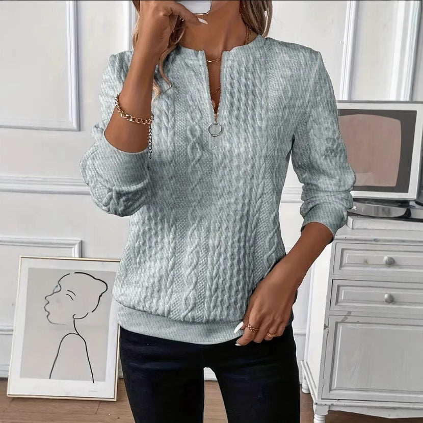 Women Structured Cable Knit Sweatshirt with Half Zip and Ribbed Cuffs Mune Fashion