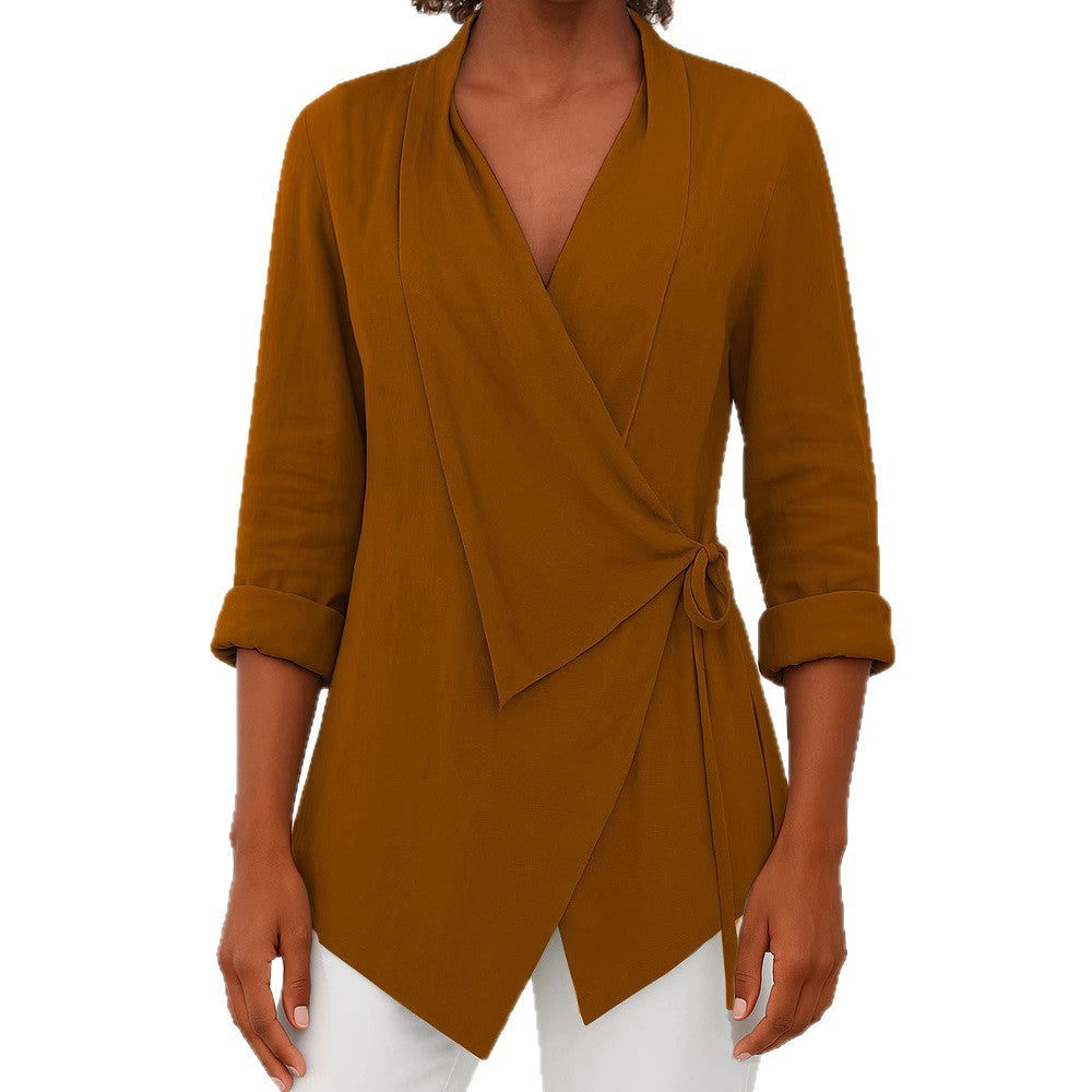 Women's Asymmetrical Wrap Blouse with Shawl Collar and 3/4 Sleeves Mune Fashion