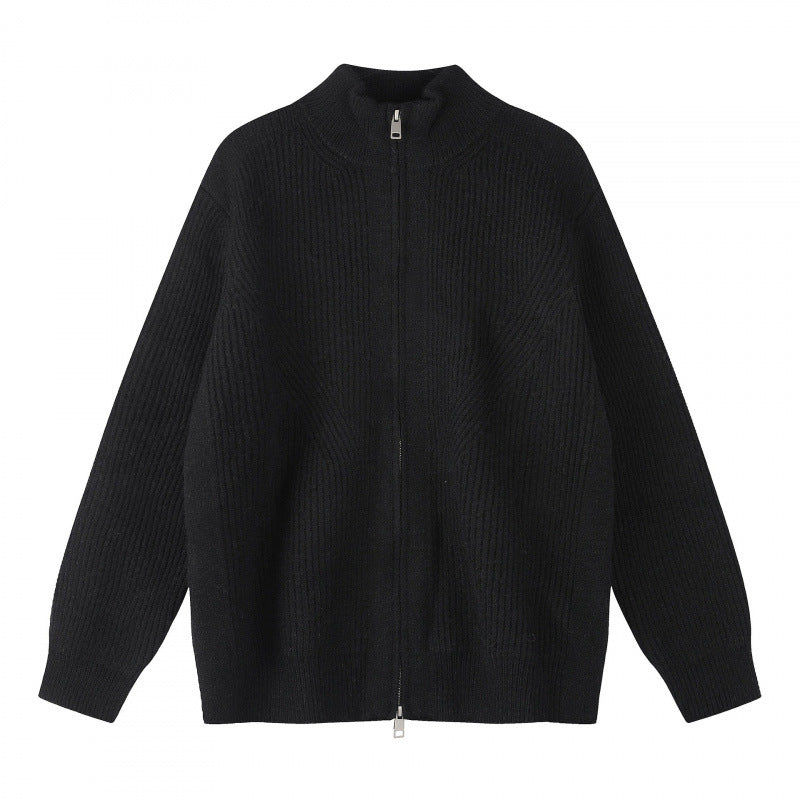 Unisex Chunky Knit Zip-Up Knit Cardigan with Stand-Up Collar and Ribbed Structure Mune Fashion