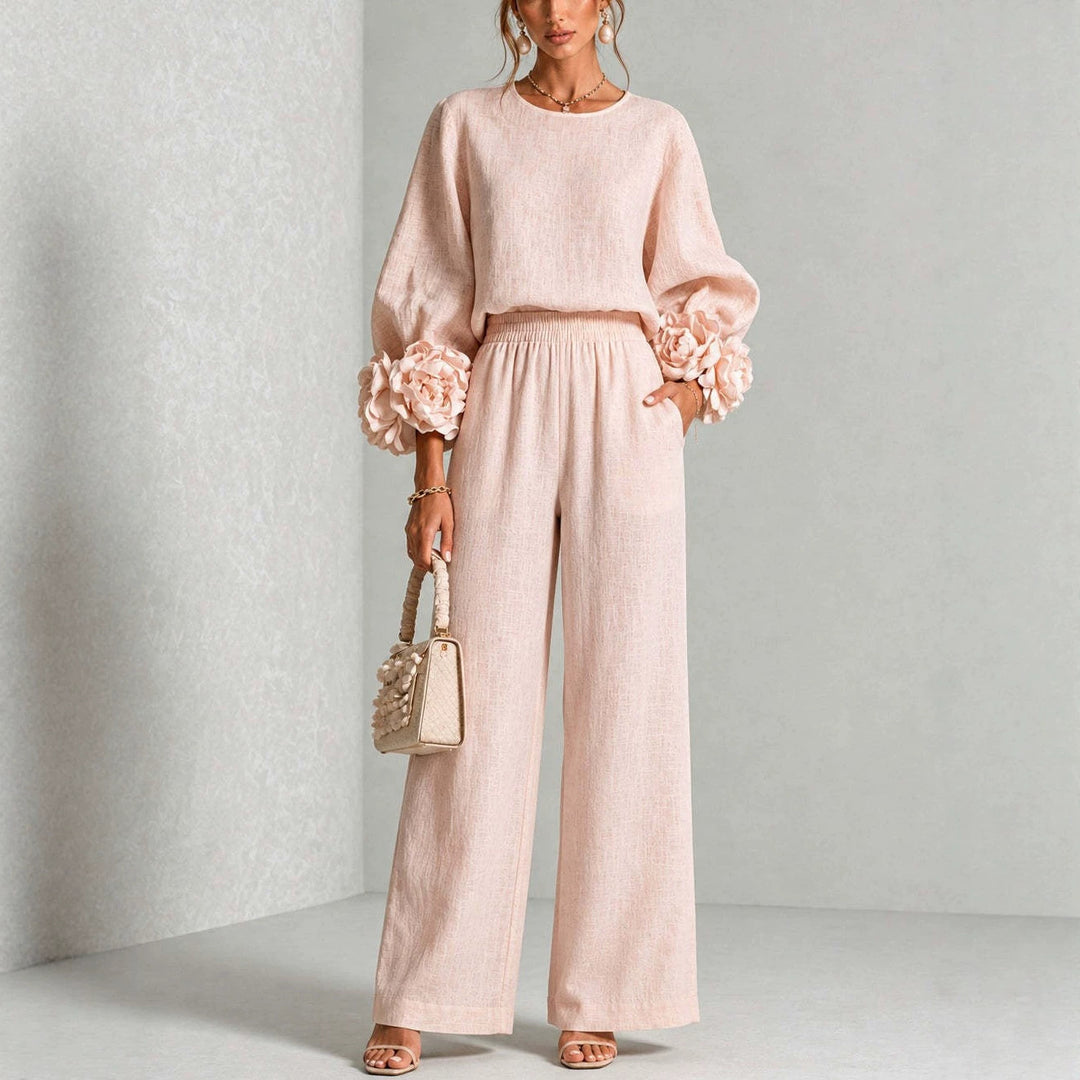 Women's Two-Piece Linen Blend Set with Wide Leg, Elastic Waistband and Floral Sleeves Mune Fashion