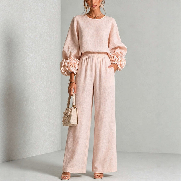 Women's Two-Piece Linen Blend Set with Wide Leg, Elastic Waistband and Floral Sleeves Mune Fashion