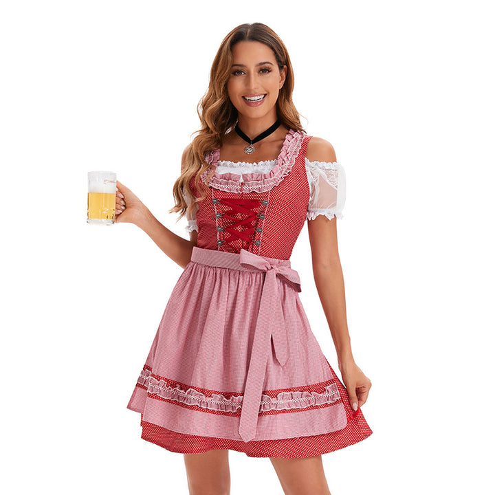 Women's short traditional dirndl dress with corset lacing lace details and tieable apron Mune Fashion