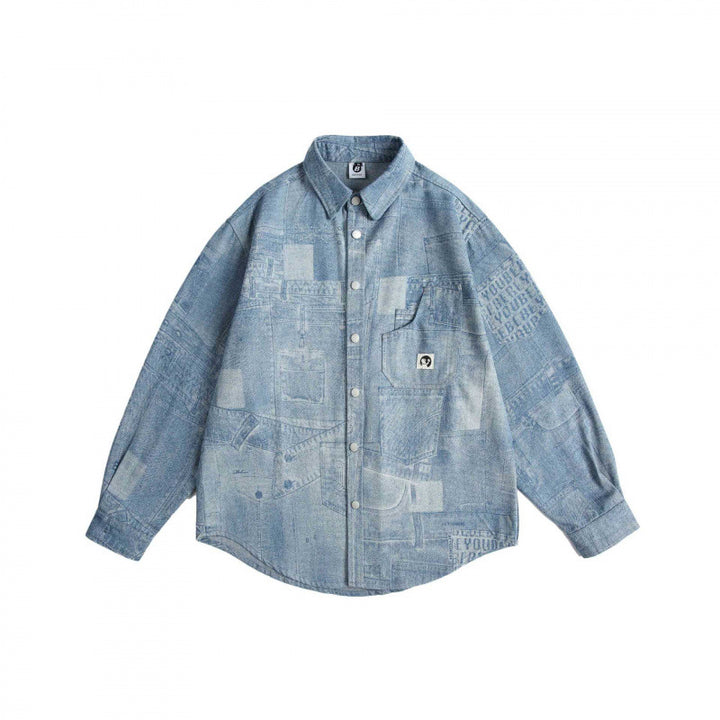 Unisex Oversize Denim Shirt with Allover Patch Print and Chest Pocket Mune Fashion